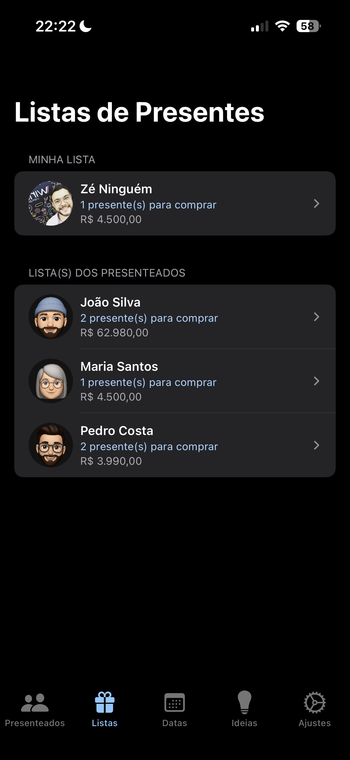 Tela de Listas de Presentes