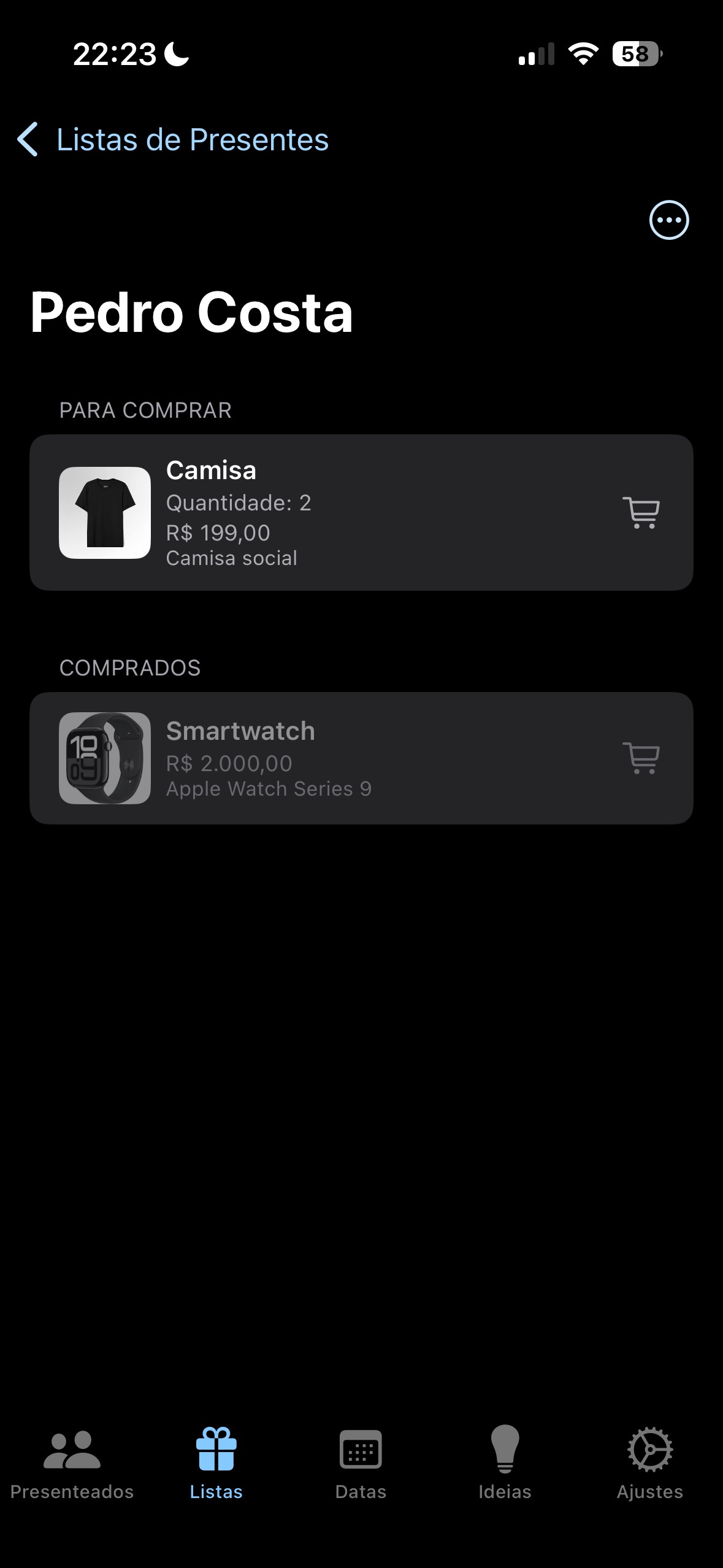 Tela de Gerenciamento de Presentes